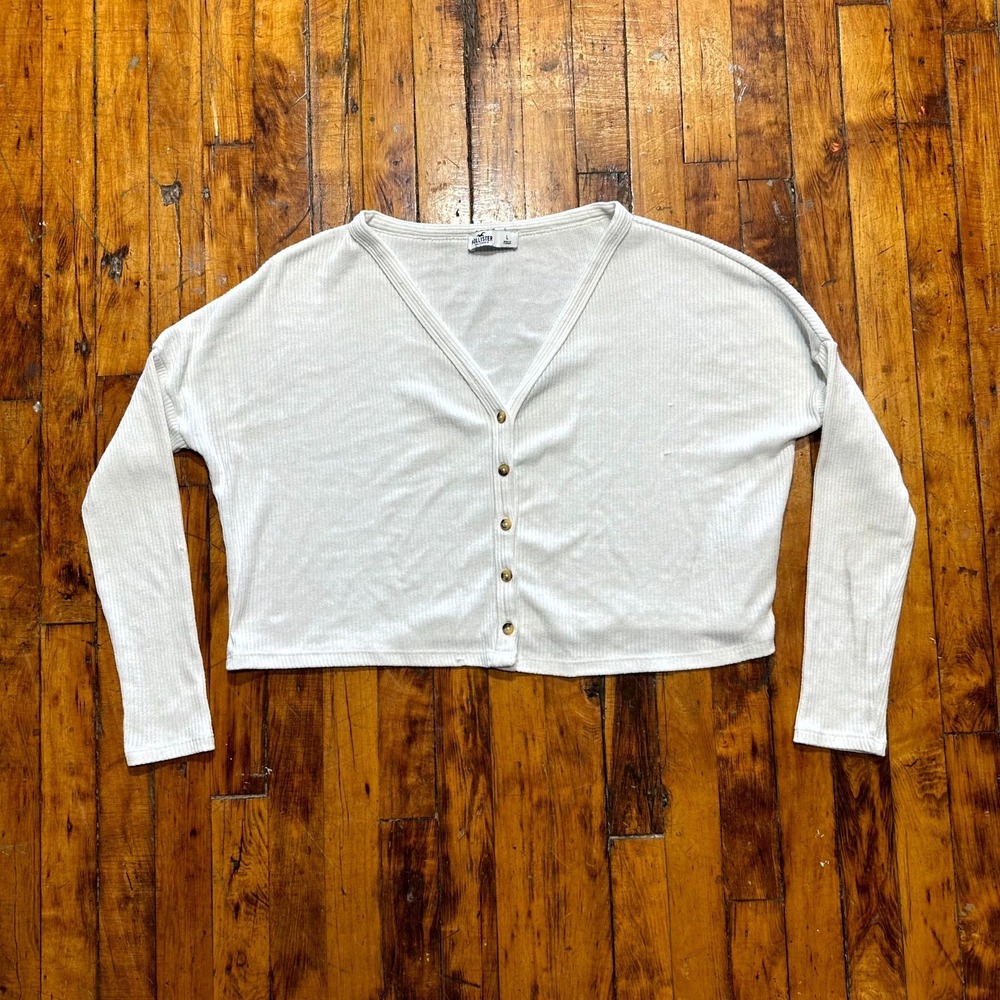 Hollister Cropped‎ Cardigan Women's Large White Ribbed Long Sleeve Button Up
